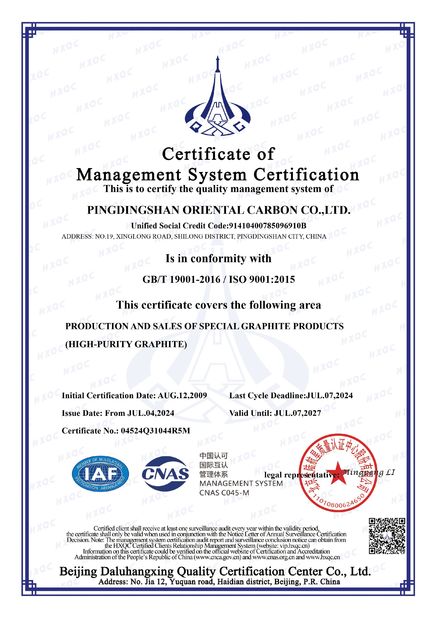 Chine Pingdingshan Oriental Carbon Co.,Ltd. certifications